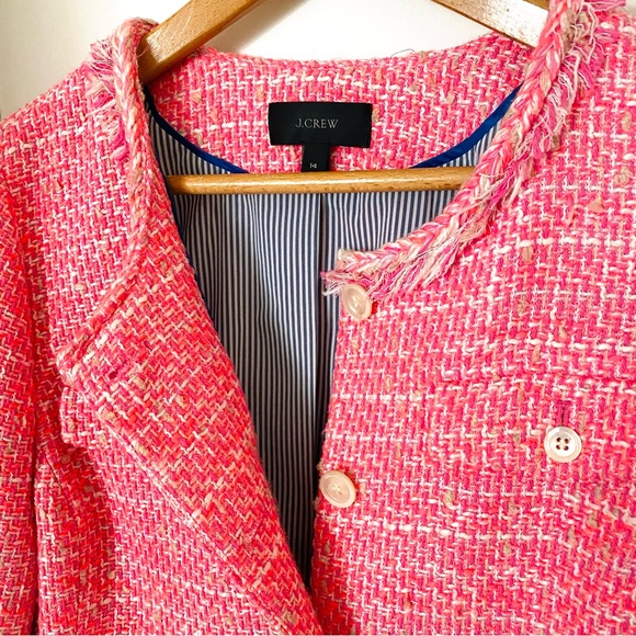J Crew Peplum Lady Tweed Boucle Jacket Blazer Barbie Pink Fringe Size 14 G1959 - Picture 7 of 16